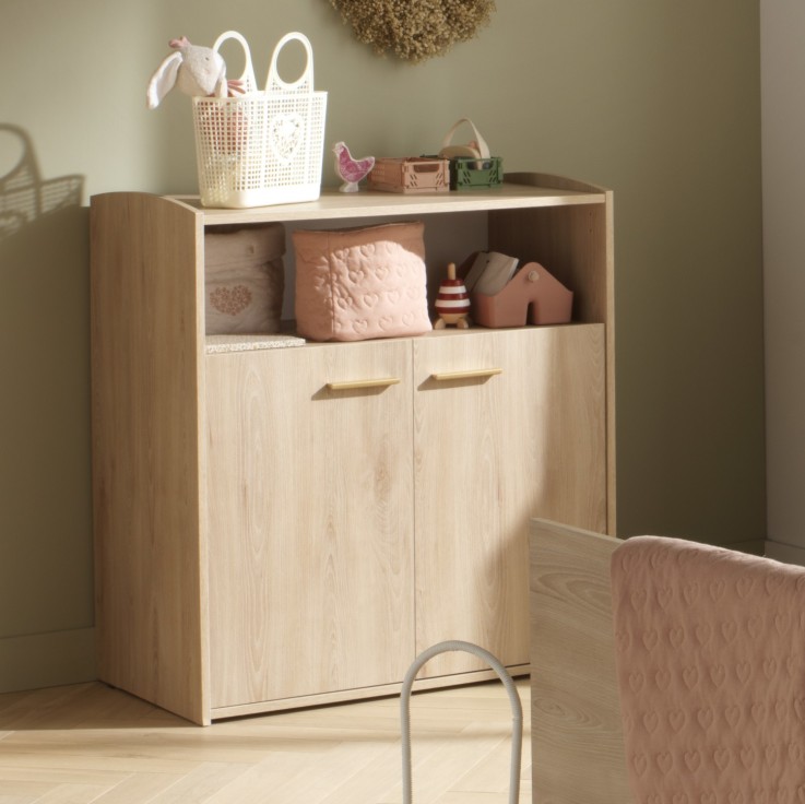Chambre bébé duo: Lit bébé 60x120 évolutif et commode à langer 2 portes décor bois hêtre