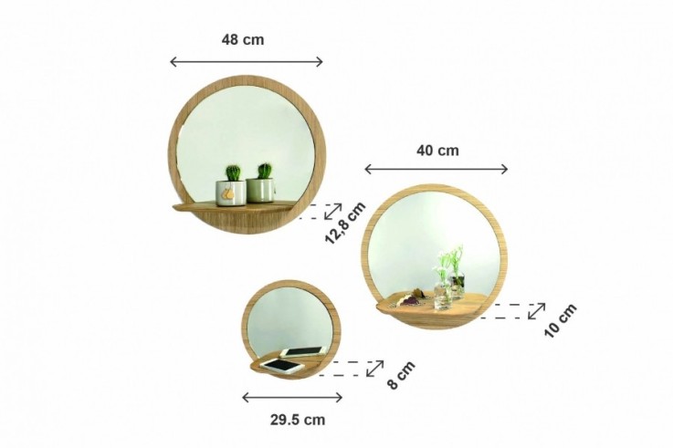 Miroir mural rond avec tablette Sunrise en bois D40cm