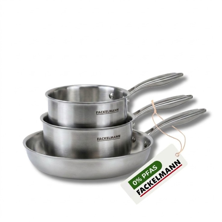 Batterie de cuisine avec 1 poêle de cuisson 28 cm et 2 casseroles 14/18 cm en inox sans PFAS Fackelmann Vita3