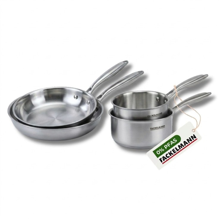 Batterie de cuisine avec 2 poêles 26/28 cm et 2 casseroles 14/18 cm en inox sans PFAS Fackelmann Vita3