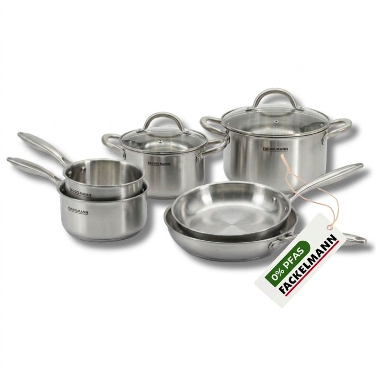 Batterie de cuisine avec 2 poêles 26/28 cm 3 casseroles 14/18 cm et 2 faitouts 20/24 cm en inox sans PFAS Fackelmann Vita3