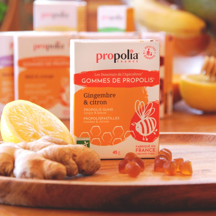 Gommes apaisantes pour la gorge Bio - Propolis, Miel, Gingembre & Citron (45 g)