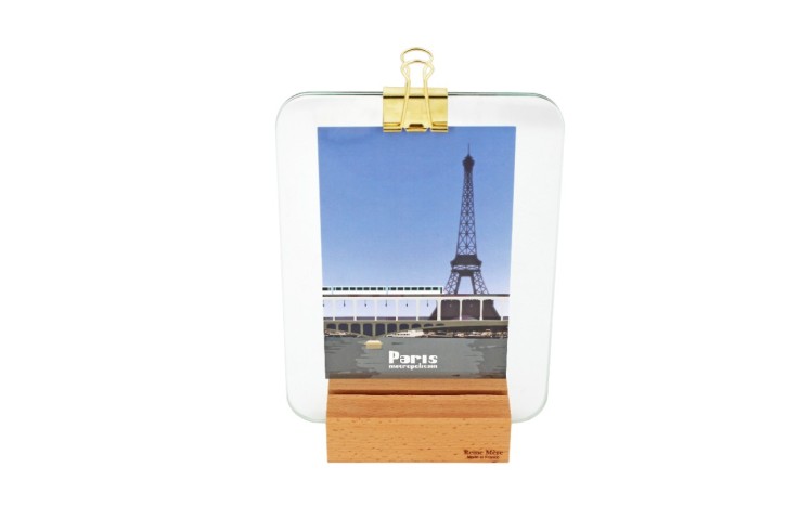 Porte photo verrière pince dorée 21x15cm en bois