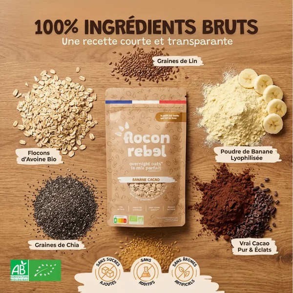 Flocon Rebel Overnight Oats bio - Banane Cacao - Sachet de 315g (7 portions)