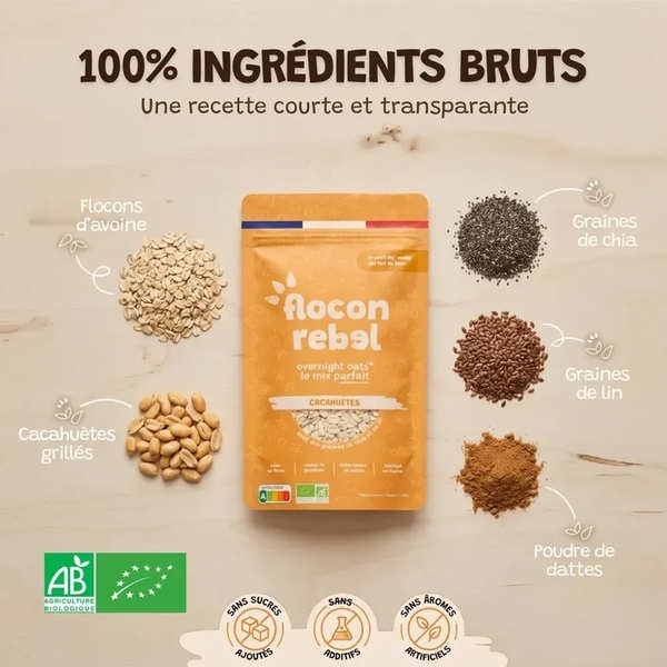 Flocon Rebel Overnight Oats bio - Cacahuètes - Sachet de 315g (7 portions)