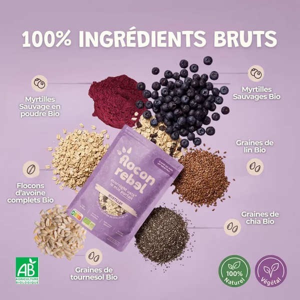 Flocon Rebel Overnight Oats bio - Myrtilles - Sachet de 315g (7 portions)