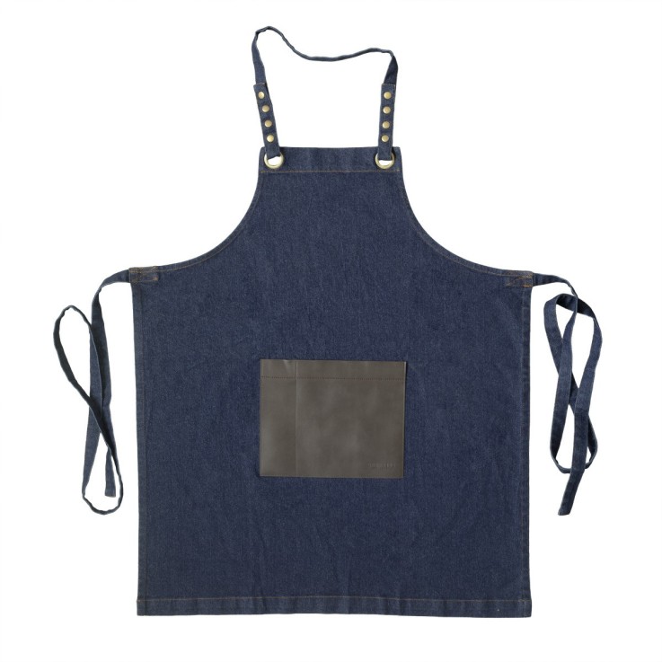 Tablier en tissu denim avec poche en simili cuir marron - Honoré