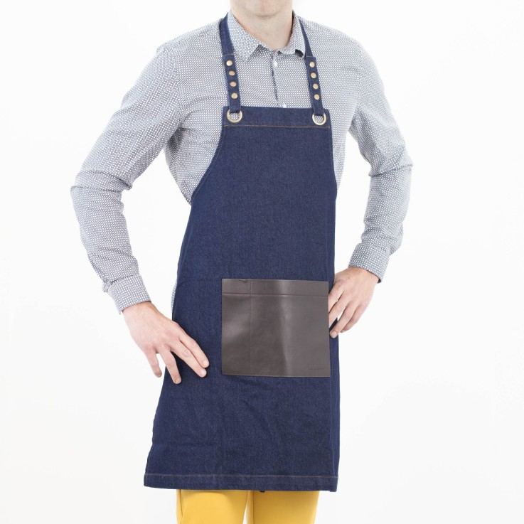 Tablier en tissu denim avec poche en simili cuir marron - Honoré