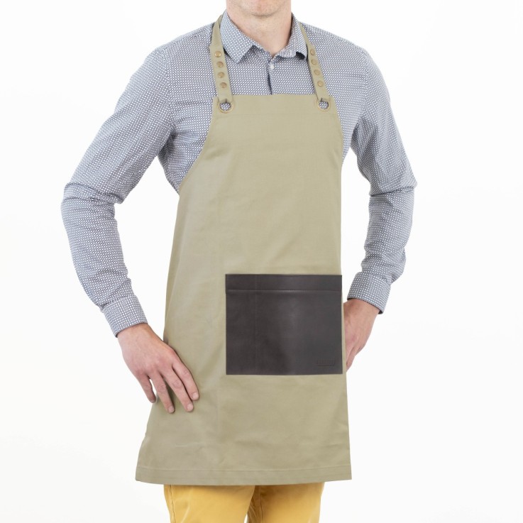 Tablier en tissu beige avec poche en simili cuir marron - Honoré