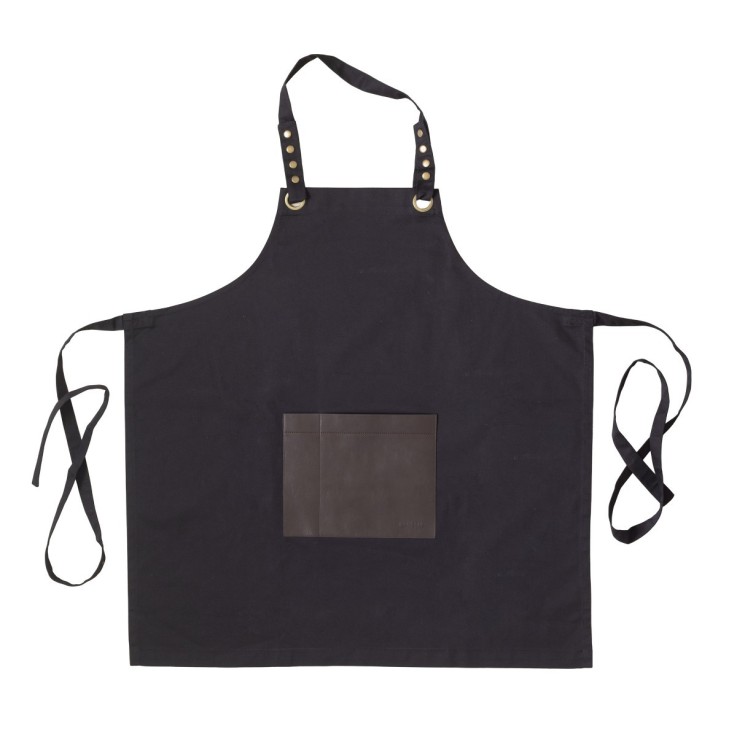 Tablier en tissu noir avec poche en simili cuir marron - Honoré