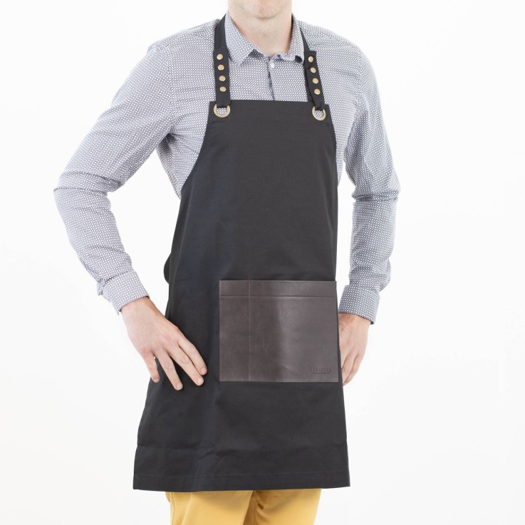 Tablier en tissu noir avec poche en simili cuir marron - Honoré