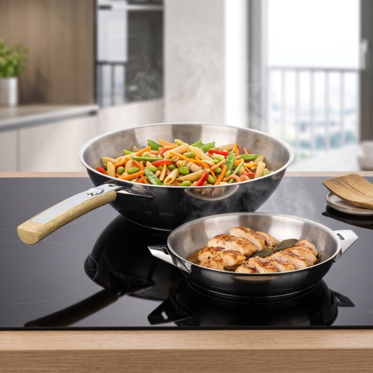 Lot de 1 poêle 24 cm et 1 wok 28 cm finition miroir avec poignée effet bois clair - Eclipse