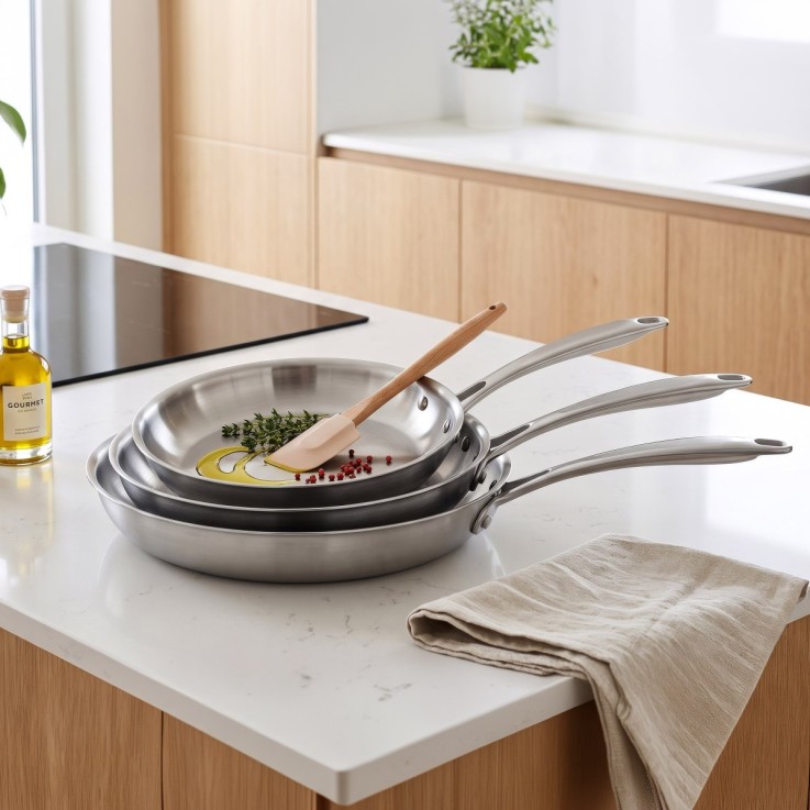 Lot de 3 poêles inox Gourmet 20-24-28 cm - avec 3 couches triply innovante sans PFAS