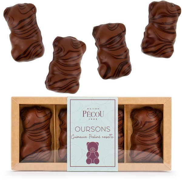 Etui de 4 oursons guimauve au chocolat Praliné Noisette - Etui de 100g