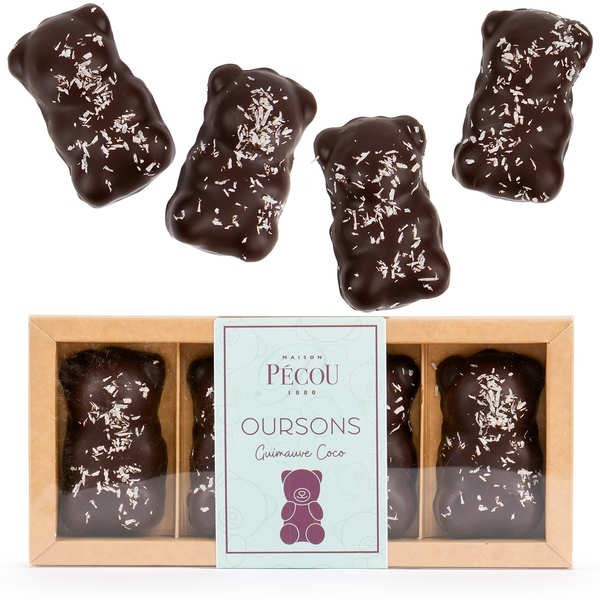 Etui de 4 oursons guimauve enrobés de chocolat noir et noix de coco - Etui de 100g
