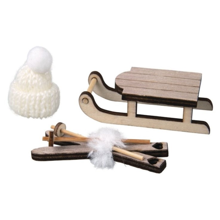 Rayher - Luge en bois avec skis et bonnet 3 pièces