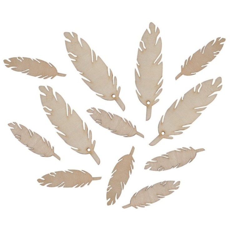 Plumes en bois naturel, 7+4cm assortis, 12 pces
