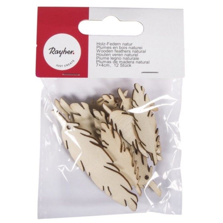 Plumes en bois naturel, 7+4cm assortis, 12 pces
