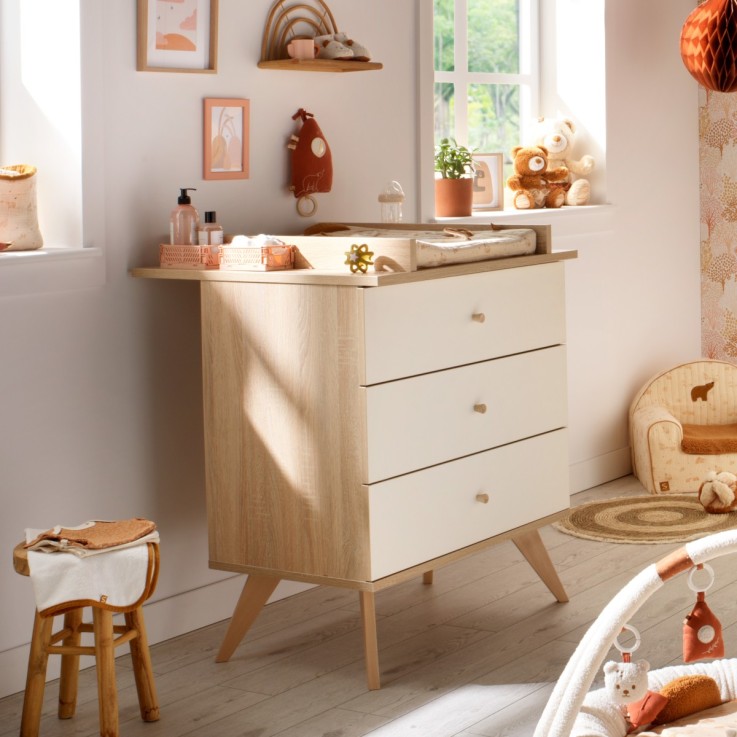 Commode 3 tiroirs avec pieds bois décor vanille
