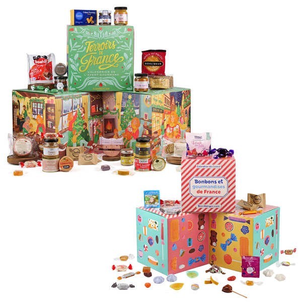 Lot 2 Calendriers de l'Avent Gourmands - 1 Cube des Terroirs + 1 Bonbons et Gourmandises