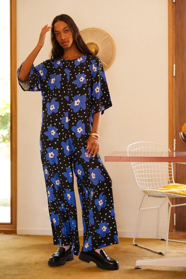 Combinaison Atlas - manches évasées - imprimé grandes fleurs bleu - viscose