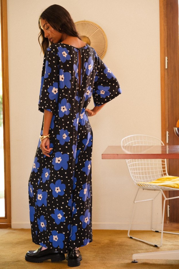 Combinaison Atlas - manches évasées - imprimé grandes fleurs bleu - viscose