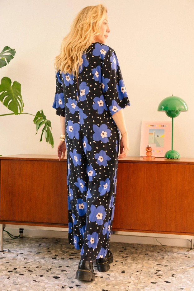 Combinaison Atlas - manches évasées - imprimé grandes fleurs bleu - viscose