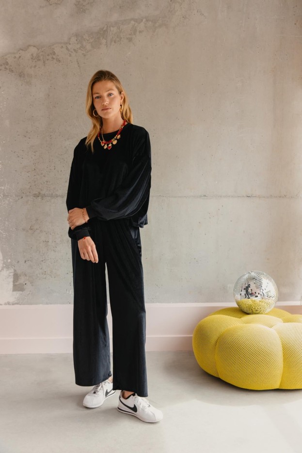 Pantalon Velours Noir - coupe fluide - coton biologique et polyester recyclé