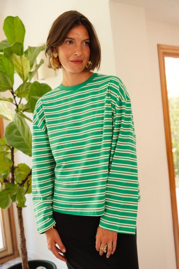 T-shirt - oversize - vert à rayures - coton biologique