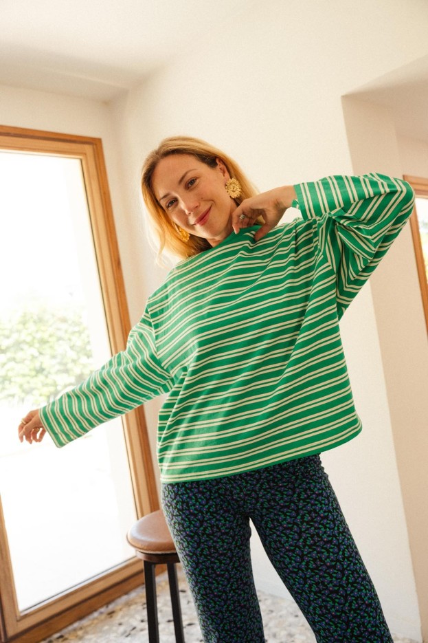 T-shirt - oversize - vert à rayures - coton biologique