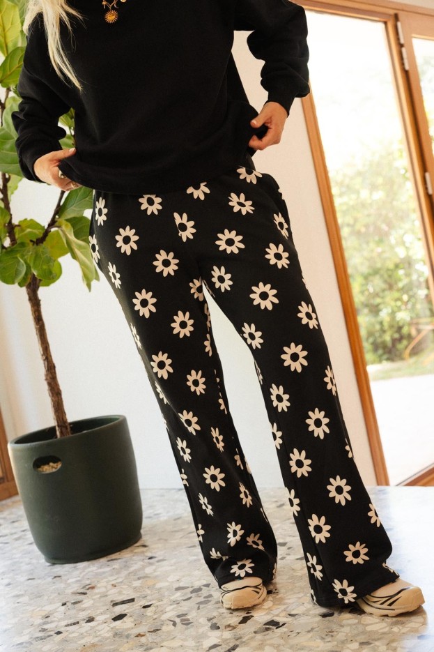 Jogging Dahlia Noir - coupe décontractée - imprimé fleuri - coton biologique