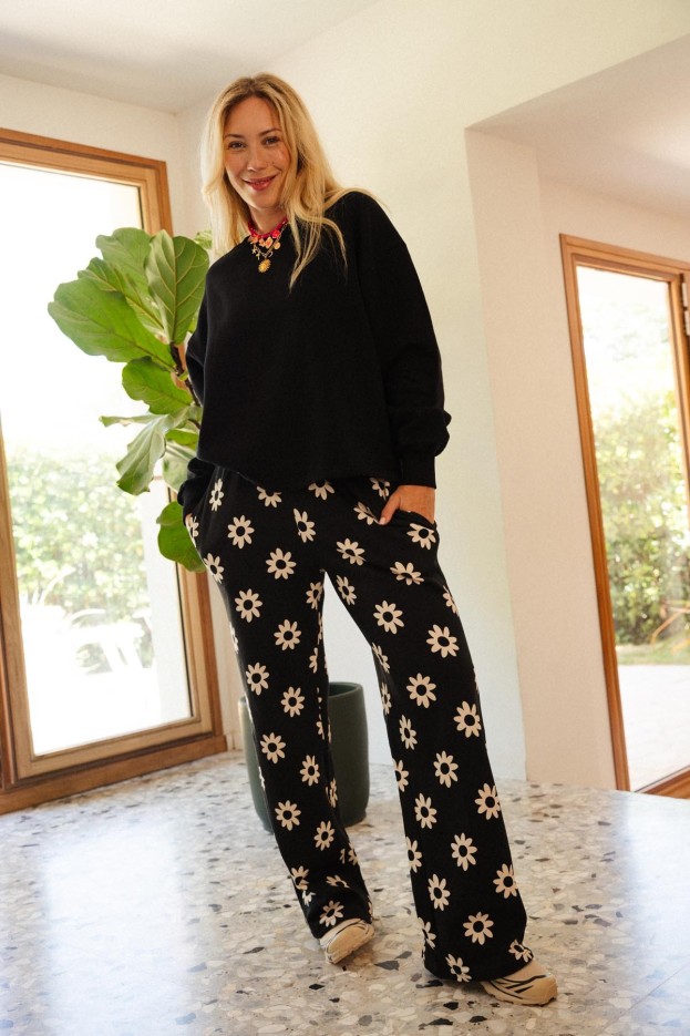 Jogging Dahlia Noir - coupe décontractée - imprimé fleuri - coton biologique