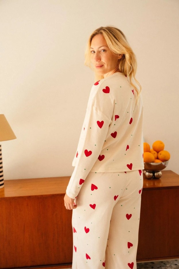Pyjama Doudou Petit Coeur - beige - imprimé petits cœurs rouges - coton biologique
