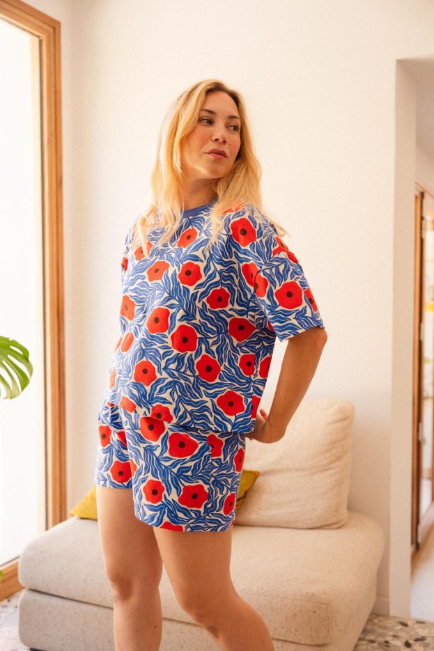 Pyjama court Majorelle - bleu - imprimé fleuri - coton biologique