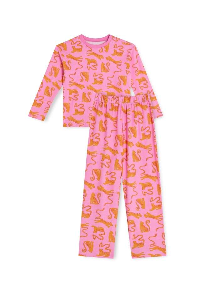 Pyjama long enfant Pink Léo Fuchsia - imprimé léopard orange et rose - coton biologique
