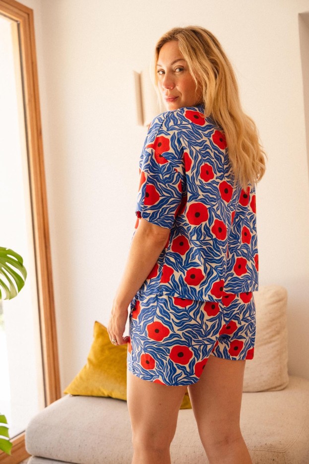 Pyjama court Majorelle - bleu - imprimé fleuri - coton biologique