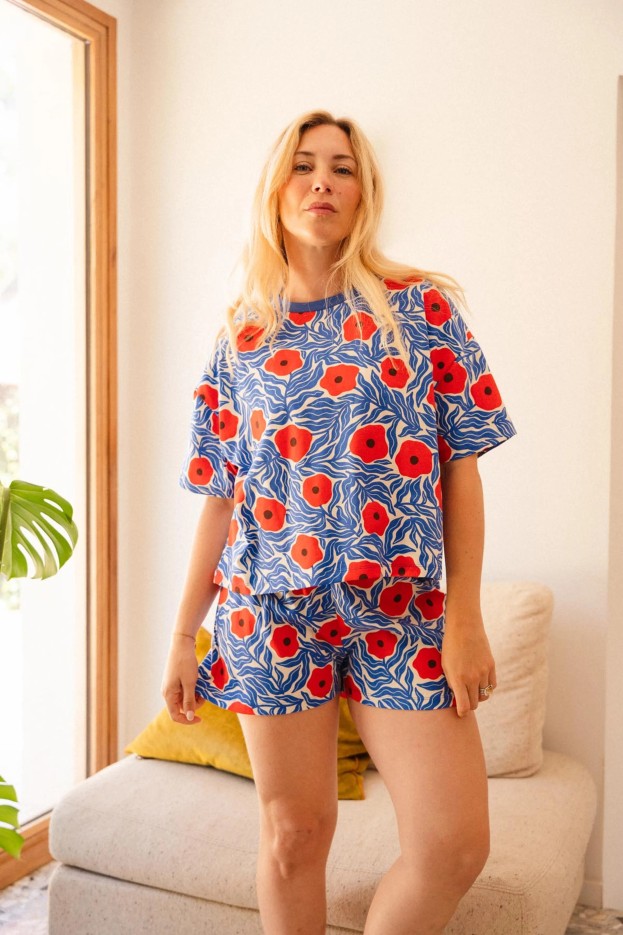 Pyjama court Majorelle - bleu - imprimé fleuri - coton biologique