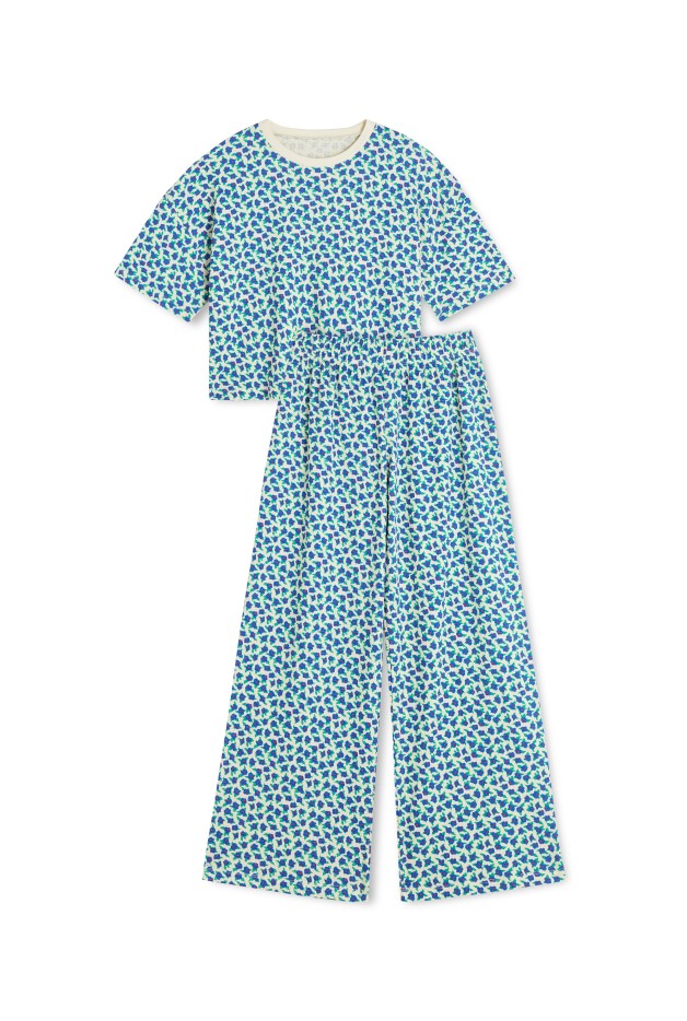 Pyjama Long Gaufré Mini Fleurs Bleu - manches courtes - coton biologique