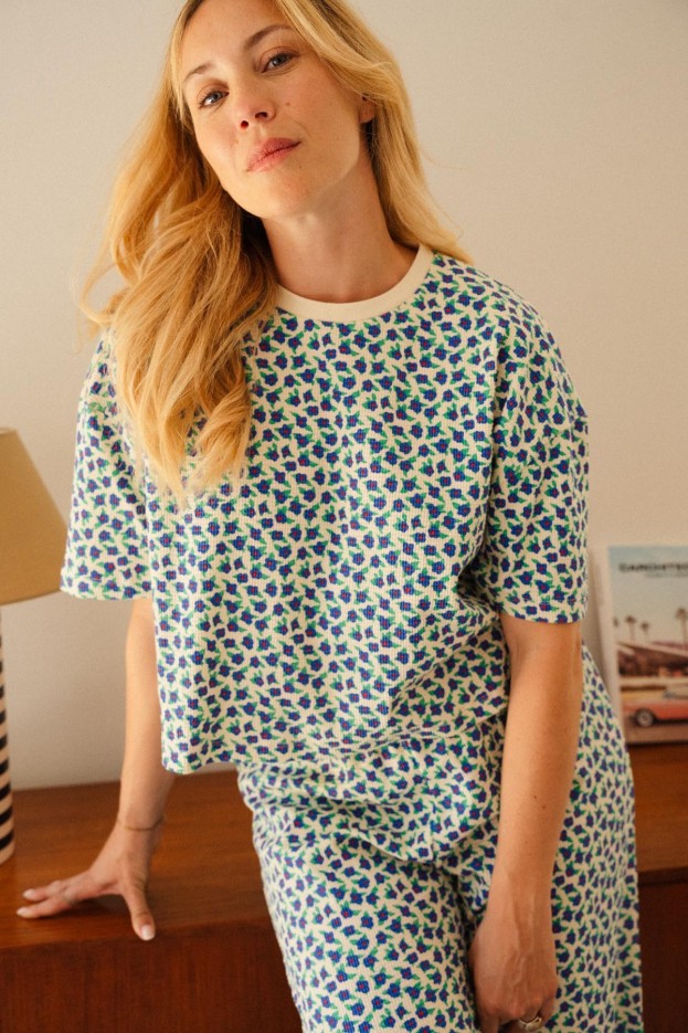 Pyjama Long Gaufré Mini Fleurs Bleu - manches courtes - coton biologique