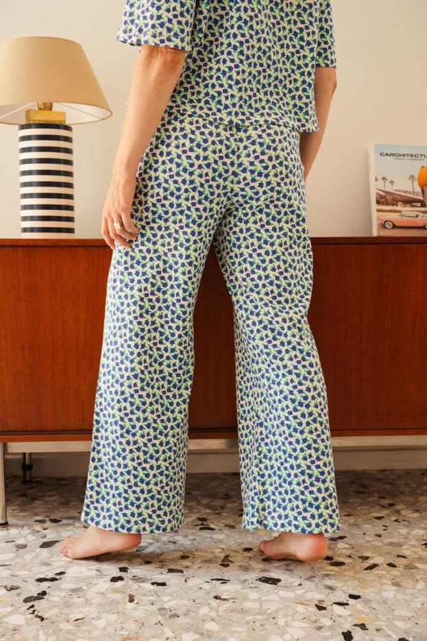 Pyjama Long Gaufré Mini Fleurs Bleu - manches courtes - coton biologique