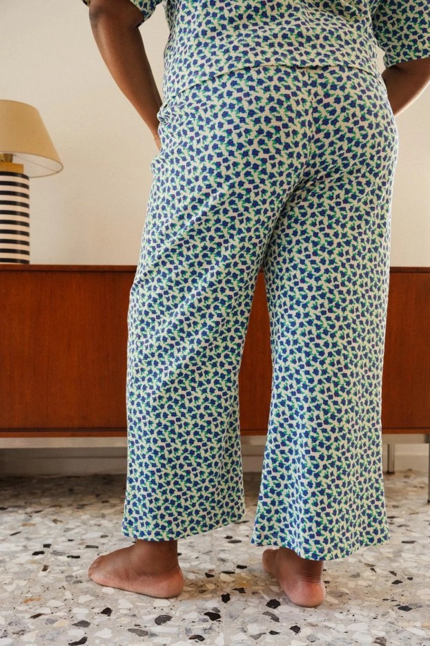 Pyjama Long Gaufré Mini Fleurs Bleu - manches courtes - coton biologique