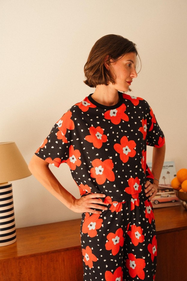 Pyjama long Atlas Rouge - oversize - imprimé fleuri et à pois - coton biologique