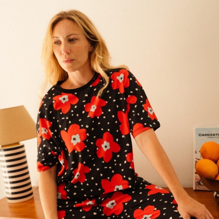 Pyjama long Atlas Rouge - oversize - imprimé fleuri et à pois - coton biologique