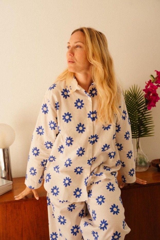 Pyjama Dahlia - long - imprimé fleuri bleu - flanelle de coton