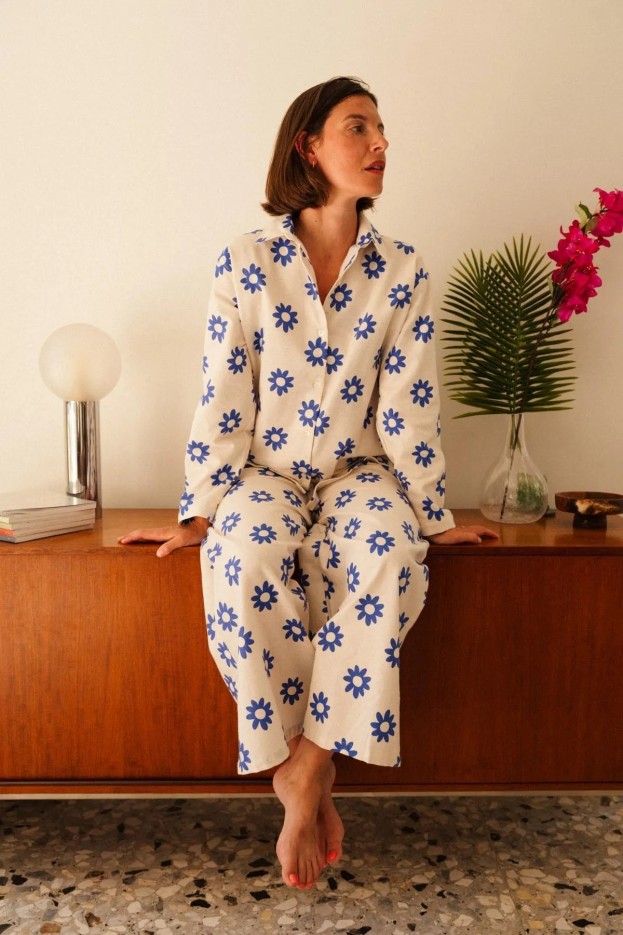 Pyjama Dahlia - long - imprimé fleuri bleu - flanelle de coton