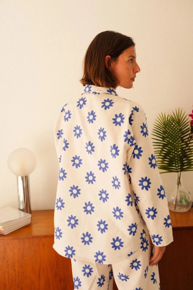 Pyjama Dahlia - long - imprimé fleuri bleu - flanelle de coton