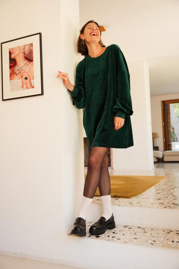 Robe sweat en velours - oversize - vert foncé - coton biologique et polyester recyclé
