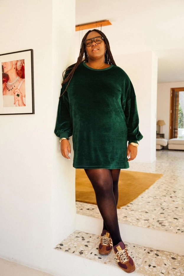 Robe sweat en velours - oversize - vert foncé - coton biologique et polyester recyclé