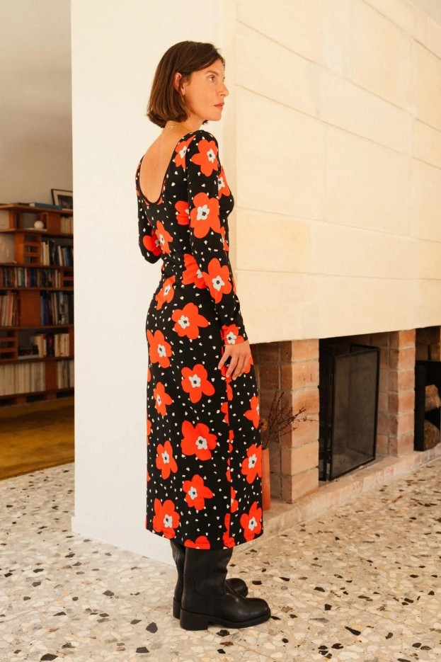 Robe Tube Fleurs d'Atlas Rouge - moulante - imprimé fleuri rouge sur fond noir - coton biologique