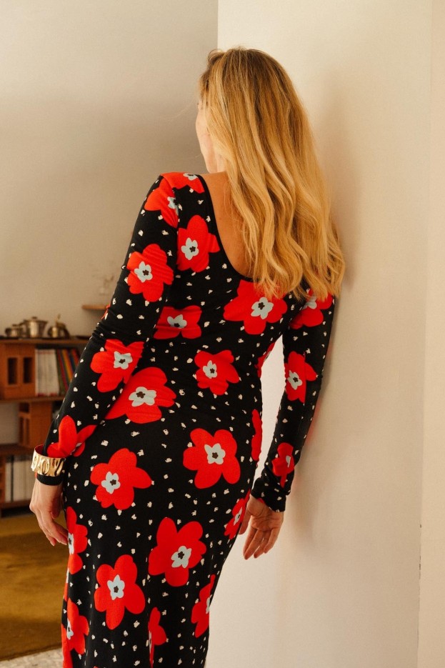 Robe Tube Fleurs d'Atlas Rouge - moulante - imprimé fleuri rouge sur fond noir - coton biologique